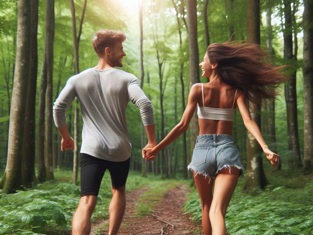 Una pareja corriendo en el bosque de espaldas